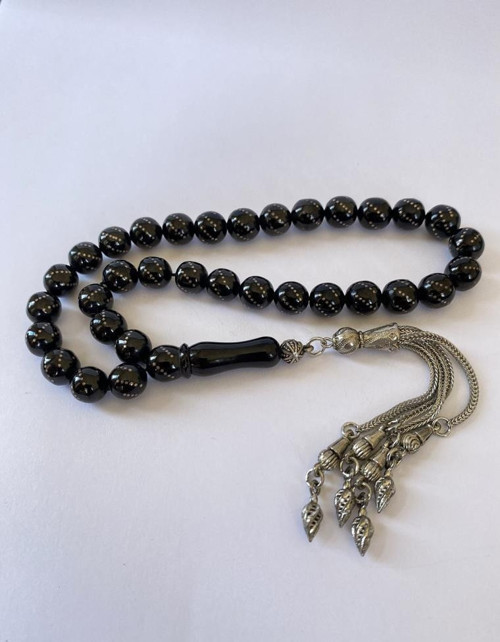 Tesbih TSBH0185HK 925 Ayar Gümüş Püsküllü Gümüş İşlemeli Karpuz Kapsül Beyzi Kesim Erzurum Oltu Tesbih