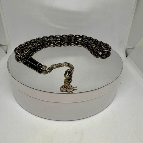 Tesbih TSBH0234BC 925 Ayar Tuğra Gümüş Püsküllü Gümüş İşlemeli Kapsül Kesim Usta El İşçilikli Erzurum Oltu Tesbih