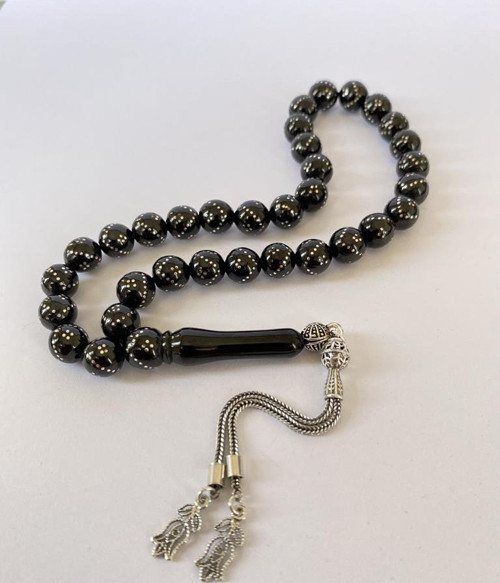 Tesbih TSBH0252BC 925 Ayar Gümüş Püsküllü Gümüş İşlemeli Küre Kesim Erzurum Oltu Taşı Tesbih