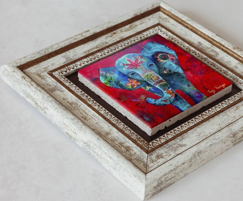 Büro Ev Ofis Dekoru için 20x20CM Tekli Çerçeveli Fil Tema Taş Duvar Süsü No6