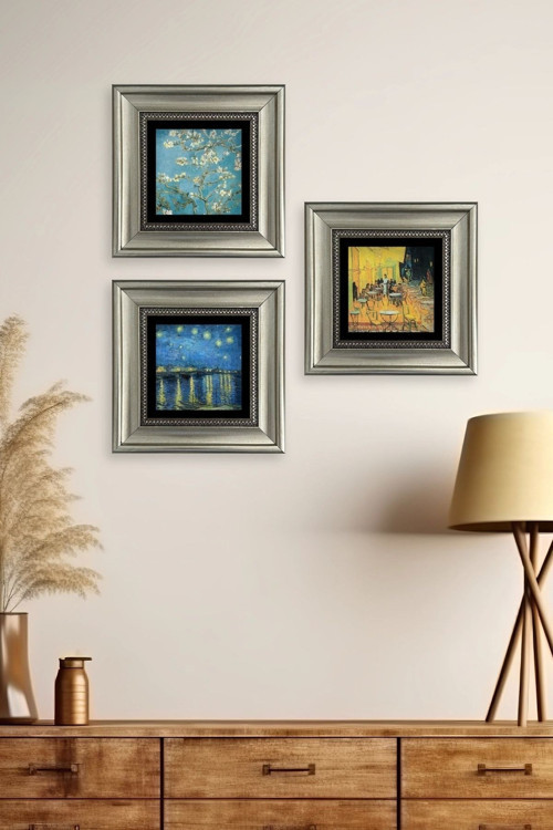 Büro Ev Ofis Dekoru için 20x20CM 3PARÇA Çerçeveli VGogh Taş Duvar Süsü No35