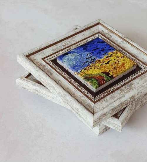 Büro Ev Ofis Dekoru için 20x20CM 3PARÇA Çerçeveli VGogh Taş Duvar Süsü No40