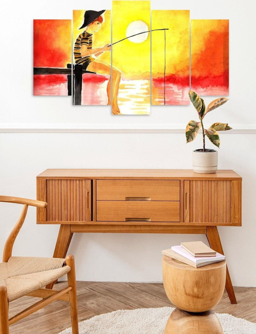 Büro Ev Ofis Dekoru için 60x100CM 5PARÇA Mdf Balık Tutan İnsan Tablo