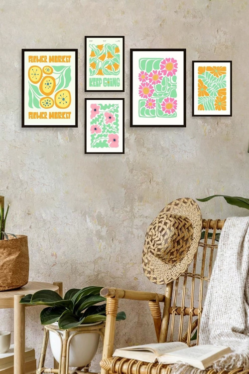 Büro Ev Ofis Dekoru için 30x40CM 5PARÇA Ahşap Çerçeveli Çiçek Marketi Tema Tablo Seti No5