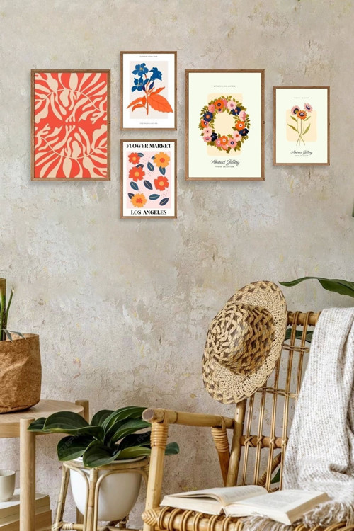 Büro Ev Ofis Dekoru için 30x40CM 5PARÇA Ahşap Çerçeveli Çiçek Marketi Tema Tablo Seti No6
