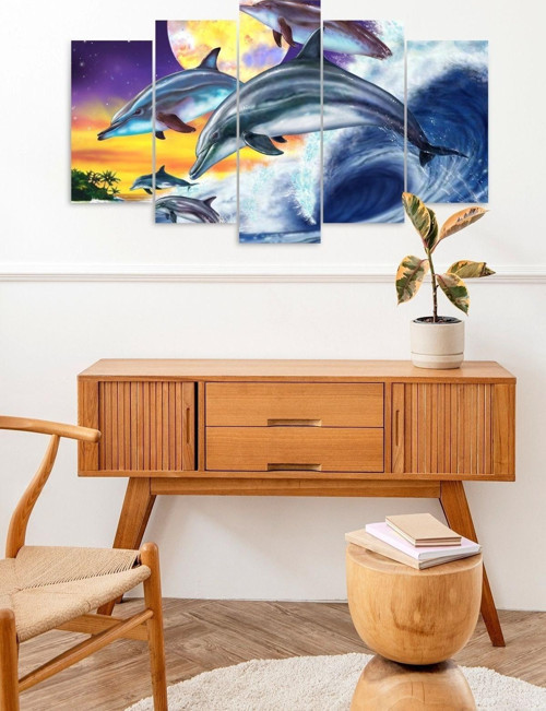 Büro Ev Ofis Dekoru için 60x100CM 5PARÇA Mdf Denizde Yunuslar Tema Tablo