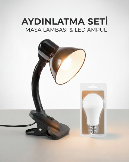 KML201 MASA LAMBASI — E27 DUY / 80×200 mm + KES170 6500K AMPUL İLE BİRLİKTE