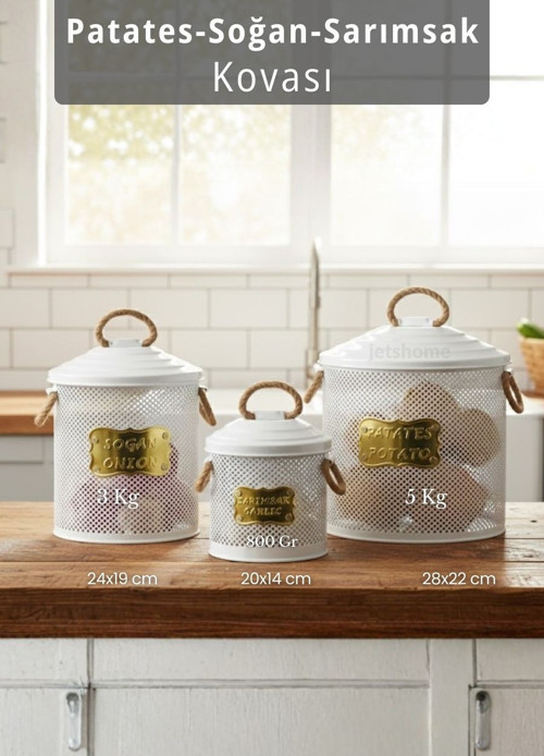 3'lü Set Sebzelik Metal Patates Soğan Sepeti Sarımsak Kovası Şık Organizer Beyaz