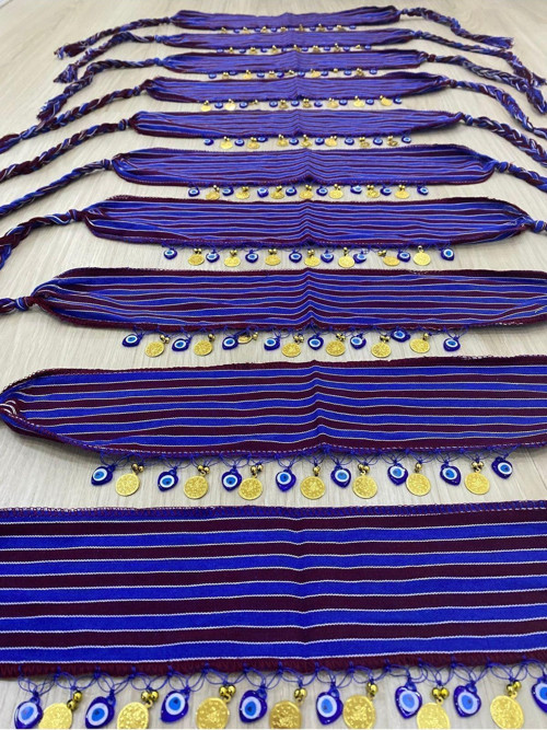 Karadeniz 10'Lu Keşan Örgülü Liralı Bandana Fular (Kırmızı, Bordo-Mavi)