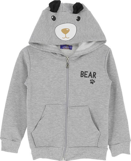 BEAR BASKILI KAPÜŞONLU FERMUARLI İKİ İPLİK ŞARDONLU SWEATSHIRT - Gri - 6 Yaş - ATA30674.0-Gri-6 Yaş Gri
