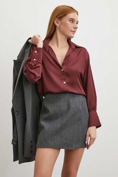 Basic Saten Gömlek Bordo