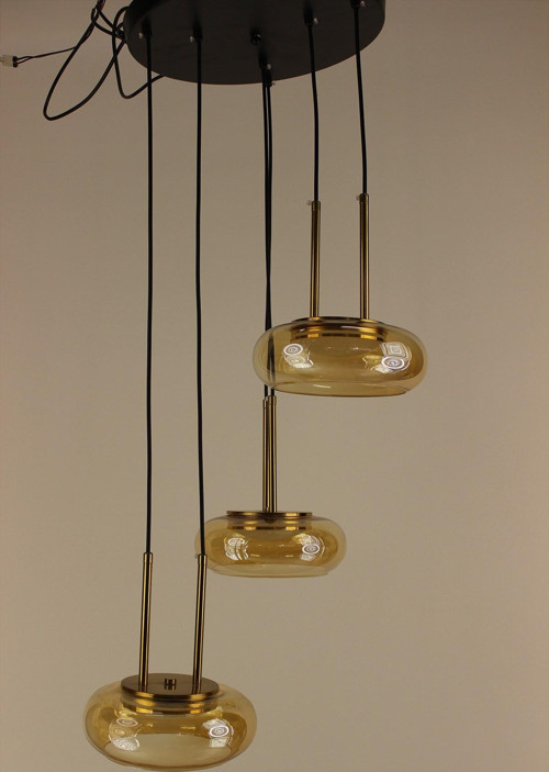 Lüks Gold Detaylı Bal Rengi Camlı 3'lü Sarkıt Modern Halka Ledli Avize