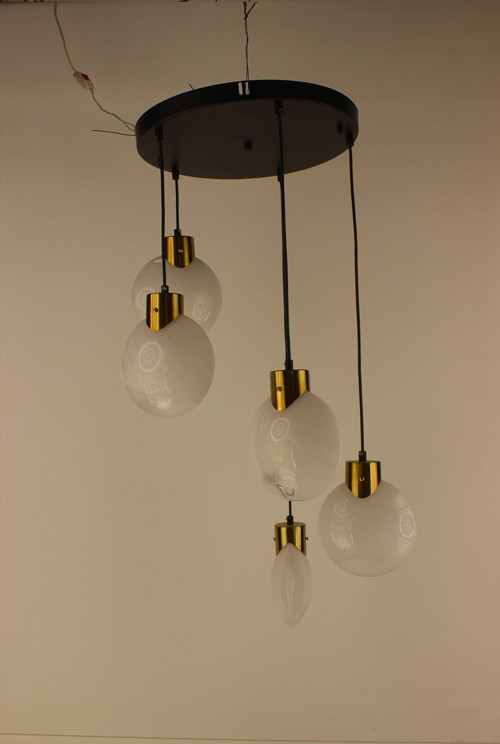 Premium Ebru Efektli Küre Camlı Gold Detaylı 5'li Takım Modern Avize