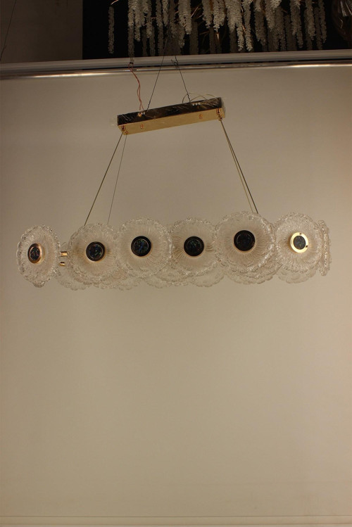 Lüks Gold Kaplama Çiçek Tasarım Oval Kristal Camlı Modern Yemek Masası Avizesi