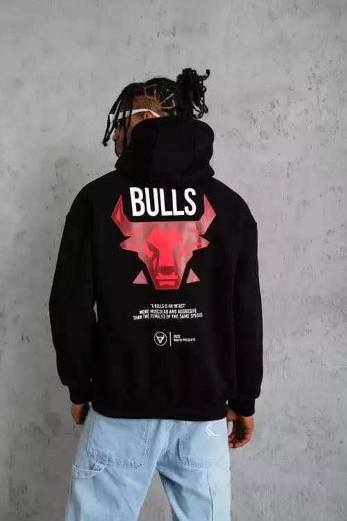Kanguru Cep Baskılı Kapüşonlu Siyah Sweatshirt L