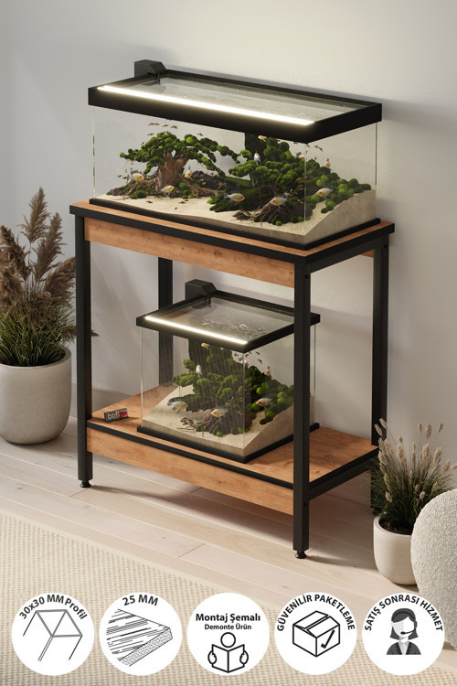 Akvaryum Sehpası Yan Sehpa Metal Ayaklı Sehpa 80 x 40 Cm Çam