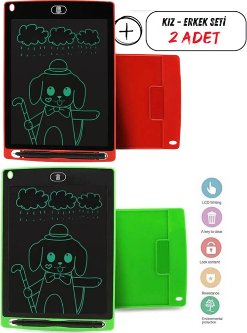 Kız Çocuk Kırmızı Tablet + Erkek Çocuk Yeşil Tablet 2 ADET Digital Çocuk Yazı Çizim Tableti Lcd 8.5 Inc