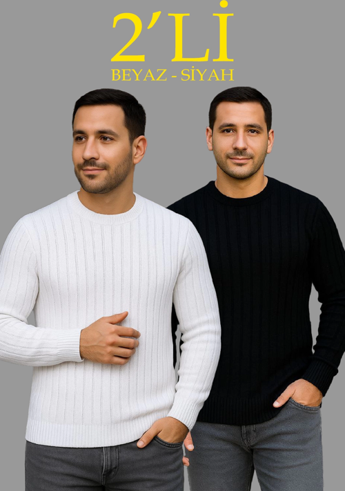 Erkek Fitilli Triko Kazak 2’li Set – Siyah & Beyaz, Kalın Dokuma Pamuklu Regular Fit Bisiklet Yaka Uzun Kollu Rahat Kışlık Kazak Kombini