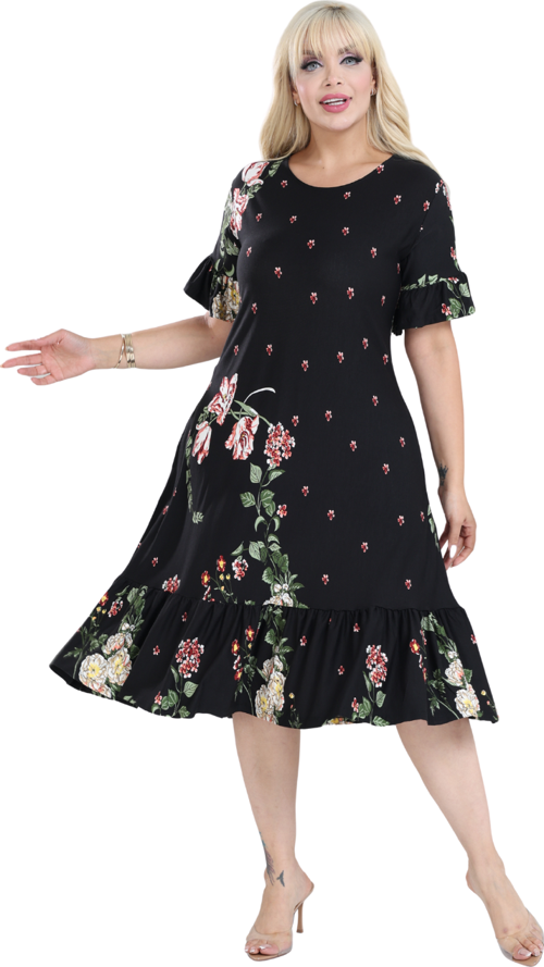 Butik Siyah Eteği Fırfırlı Sulu Pembe Çiçek Desen Cepli Kadın Elbise