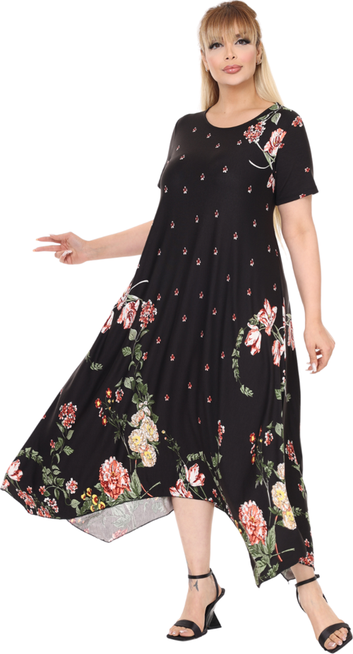 Butik Siyah Sulu Pembe Çiçek Desen Asimetrik Kısa Kollu Elbise