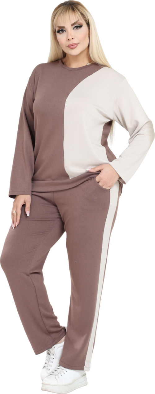 Butik Taba Ekru Renk Bloklu Modal Kadın Eşofman Takımı