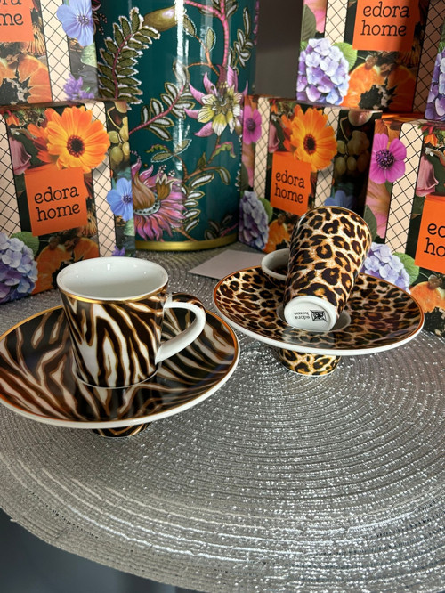 Türk Kahve Fincanı İçe Geçmeli Leopar Desenli 2 Kişilik 4 Parça