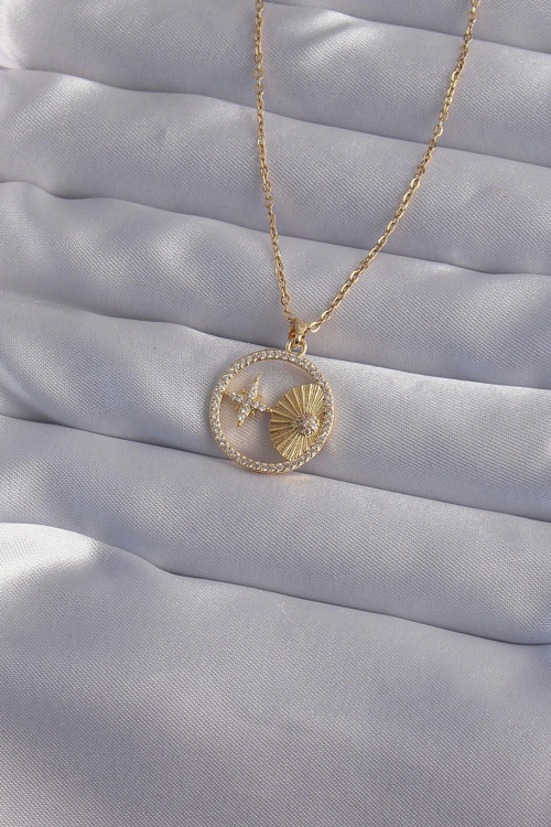 316L Çelik Zincir Gold Renk Zirkon Taşlı Yıldız Figürlü Oval Kolye
