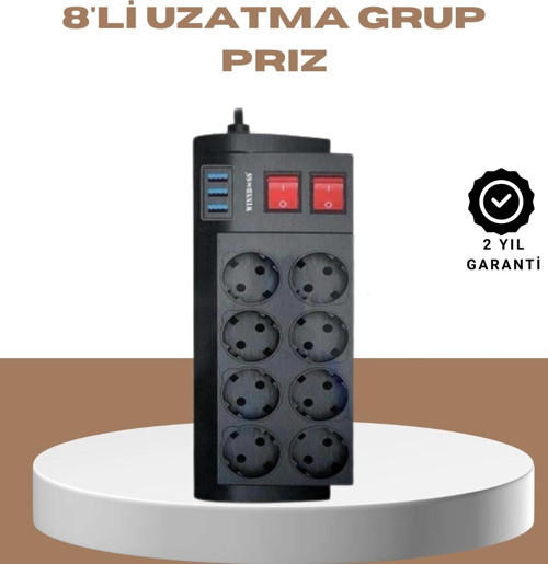 Güçlü Termal Korumalı 8 Priz + 3 USB Çoklu Uzatma Kablosu 2m