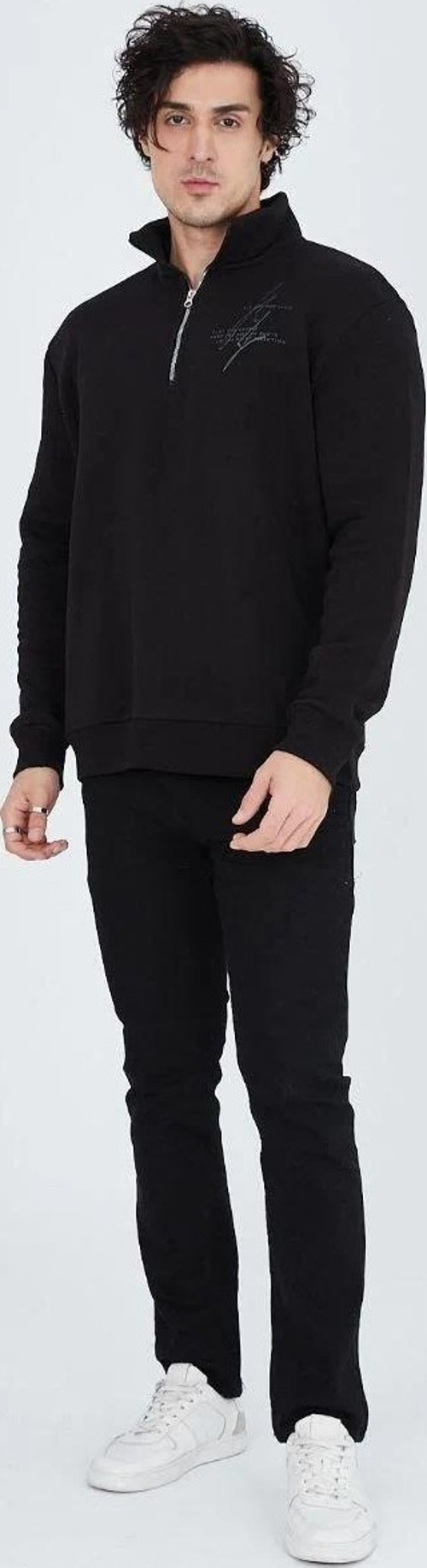 Erkek Yarım Fermuarlı Baskılı Sweat - Siyah