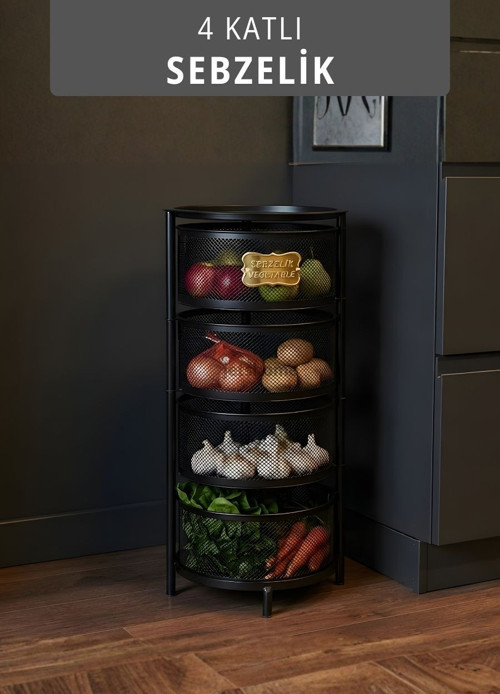 4 Katlı Sebzelik Açılır Metal Patates Soğan Sepeti Paslanmaz Meyvelik Organizer Sepet Siyah