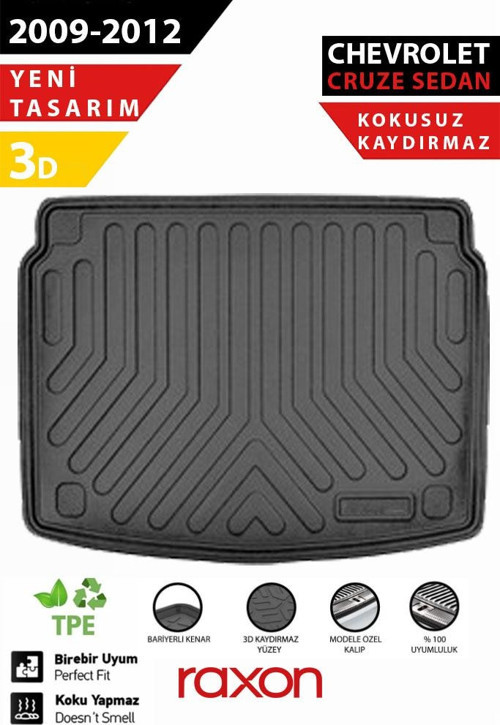 Chevrolet Cruze SD 2009–2012 İnce Stepne Bagaj Havuzu – 3D Özel Kalıp | Su Geçirmez, Kaymaz, Tam Uyum