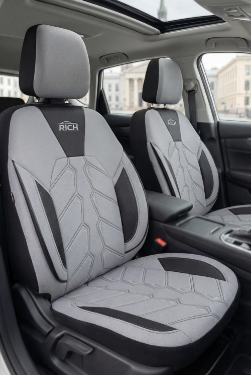 Gri-Siyah Jakar Kumaş & Premium Deri Oto Koltuk Kılıfı - Tam Set