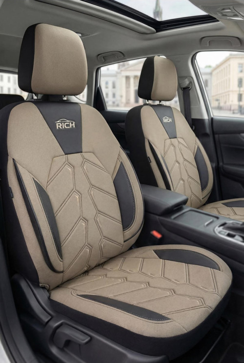 Bej-Siyah Jakar Kumaş & Premium Deri Oto Koltuk Kılıfı - Tam Set