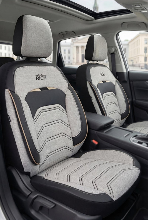 Beyaz-Siyah Keten Kumaş & Premium Deri Oto Koltuk Kılıfı - Tam Set