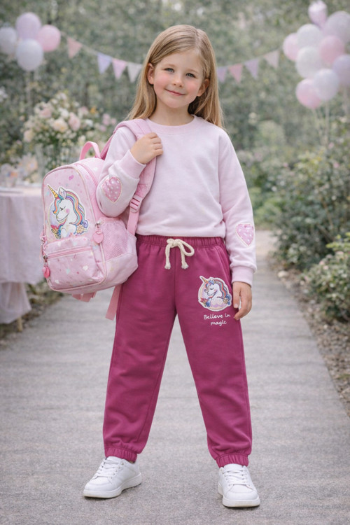 Fuşya Unicorn Stickers'Lı Penye 5-9 Yaş Kız Eşofman Altı