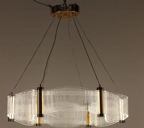 Lüks Gold Detaylı 6 Kavisli Form Akrilik Şeritli Modern 3 Renk Ledli Avize