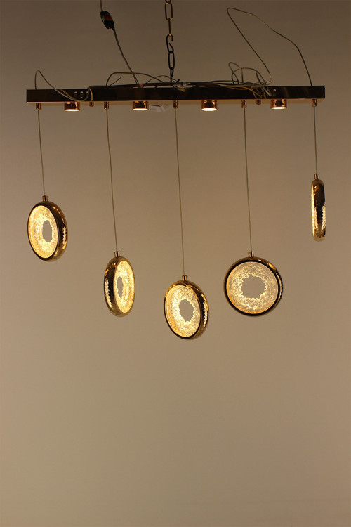 Görkemli Gold Kristal Işıltılı Halka Tasarım 5'li Sıralı Serisi Modern Avize