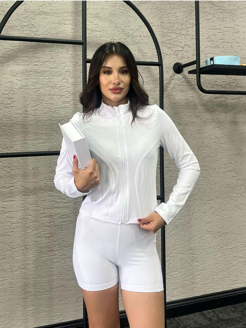 Beyaz Vücuda Oturan Fermuarlı Dik Yaka Örme Spor Ceket Mıssce05922