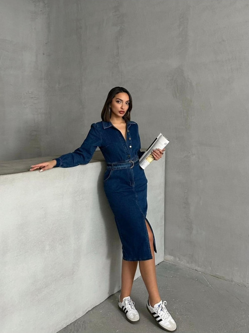 Kemerli Önden Yırtmaçlı Midi Denim Elbise Mıssel00936
