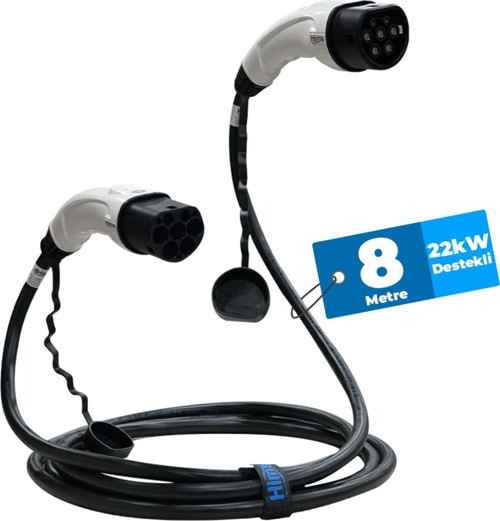 -22T2-SB-8 22kW Tip 2 Beyaz Soketli 8m Elektrikli Araç Şarj Kablosu