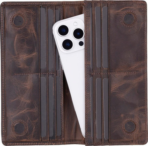 Aura Hakiki Deri, El Yapımı, Telefon Bölmeli, Kadın Cüzdanı, Koyu Kahve