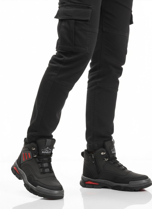 Siyah Kırmızı Kaymaz Taban Fermuarlı Unisex Outdoor Bot 444 G