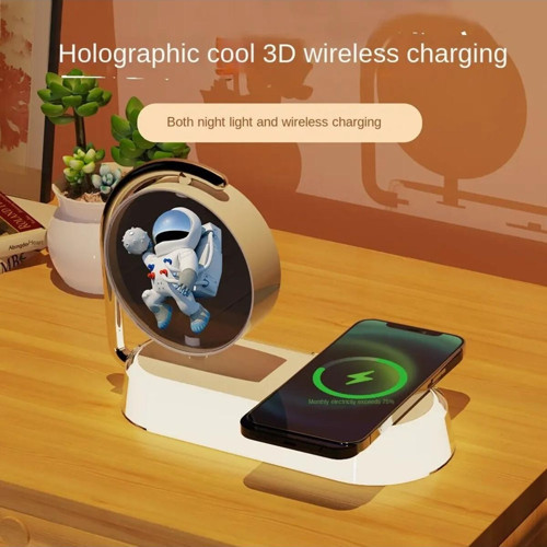 K01 Hızlı Kablosuz Şarj Cihazı Led Gece Lambası 3D Holografik Ekran Fan Ev Ofis Cafe Lobby