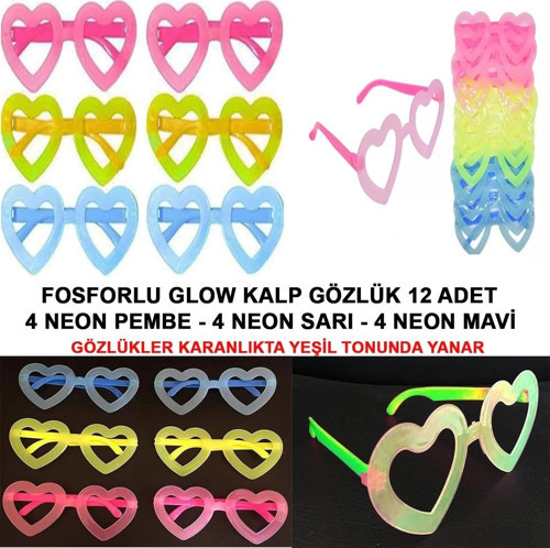Fosforlu Kalp Model Glow Parti Gözlüğü Karanlıkta Yanan Gözlükler 12 Adet