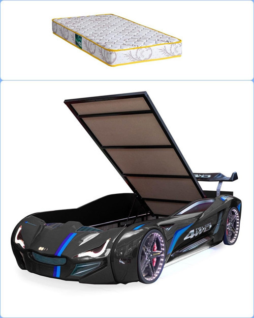 Arabalı Yatak, Mercedes Full Ledli Rüzgarlıklı Bazalı Arabalı Yatak - Siyah + 1 Adet Comfort Yatak