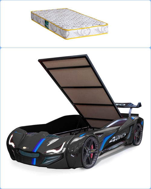 Arabalı Yatak, Mercedes Rüzgarlıklı Bazalı Arabalı Yatak - Siyah + 1 Adet Comfort Yatak