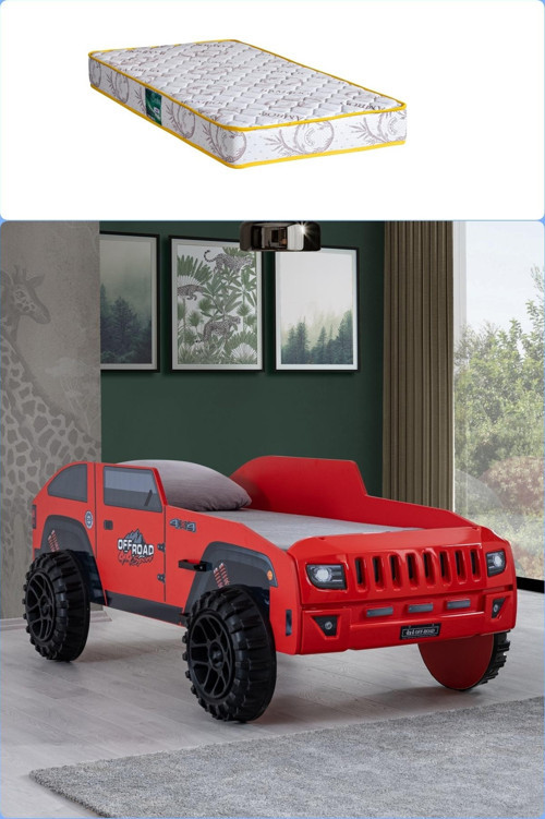 Arabalı Yatak, Jeep Arabalı Yatak - Kırmızı + 1 Adet Comfort Yatak
