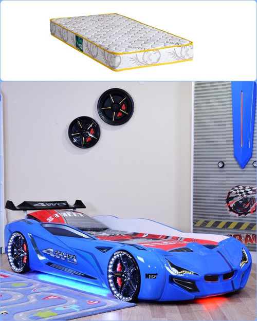 Arabalı Yatak, Mercedes Rüzgarlıklı Full Ledli Arabalı Yatak - Mavi + 1 Adet Comfort Yatak
