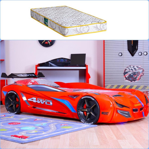 Arabalı Yatak, Mercedes Rüzgarlıklı Arabalı Yatak - Kırmızı + 1 Adet Comfort Yatak