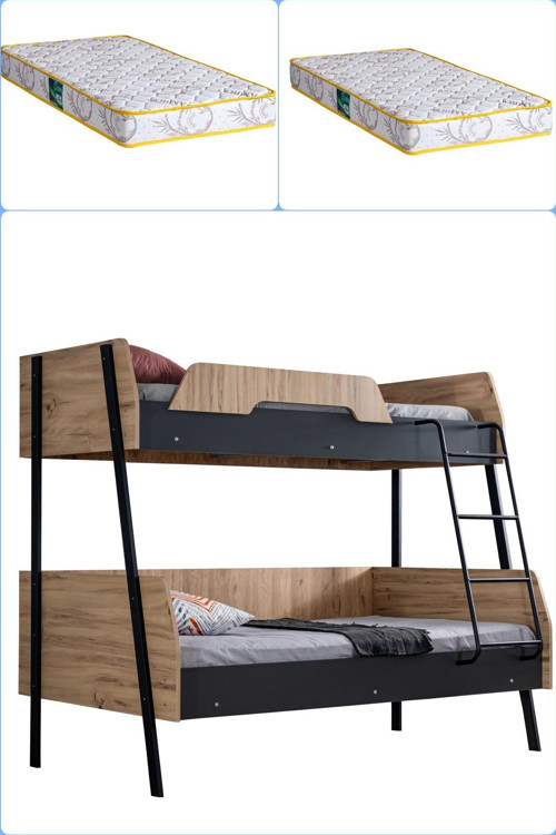 Ranza, Alba Geniş İkili Ranza, 120x200 cm - 90x200 cm - Ceviz-Antrasit + 2 Comfort Yatak